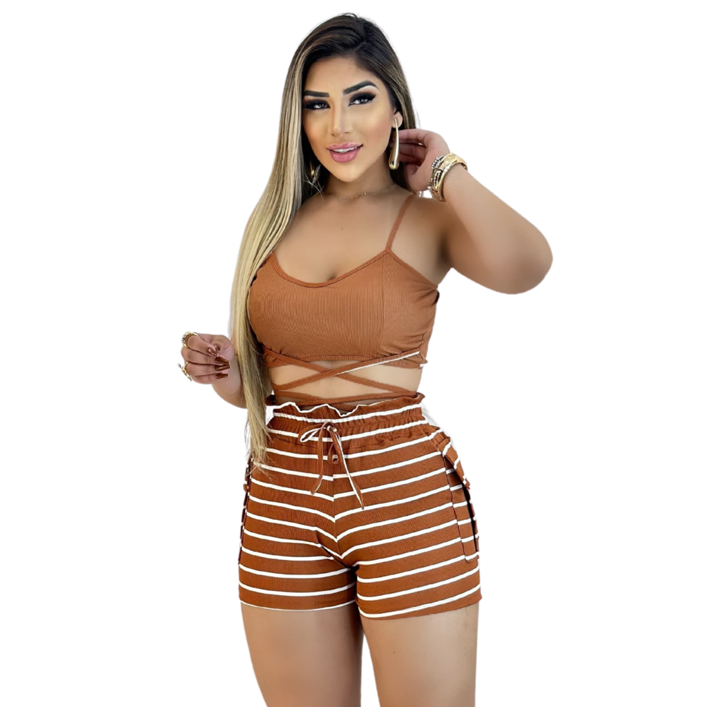 Conjunto Top com Alça e Short Ajustável Marron Listrado