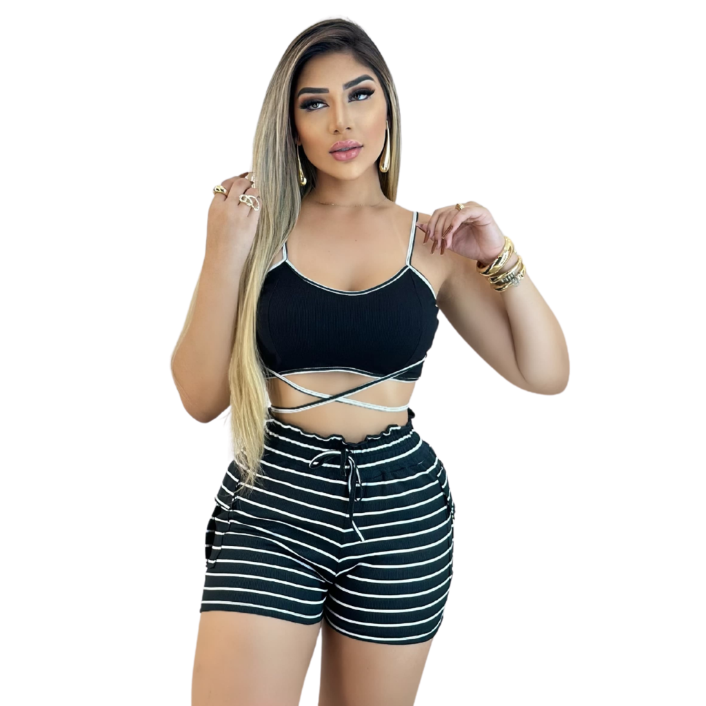 Conjunto Top com Alça e Short Ajustável Preto Listrado