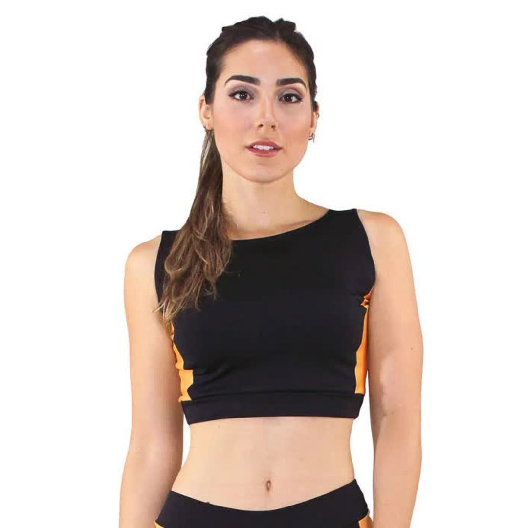 Cropped Fitness Preto Detalhe Amarelo Top | REF: CC17