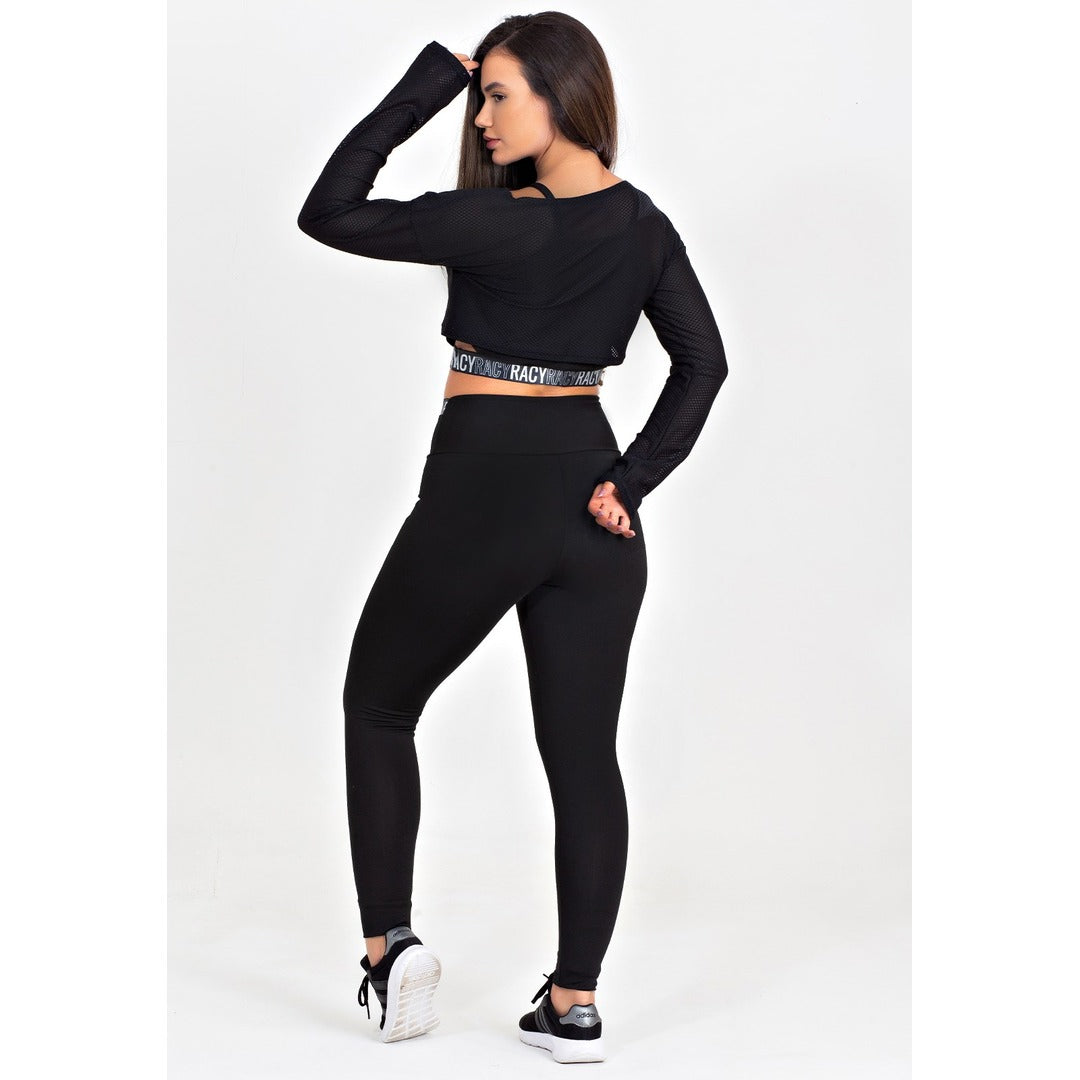 Conjunto Calça Legging + Top + Cropped de Telinha Preto com Elásticos Fitness | REF: CCA9