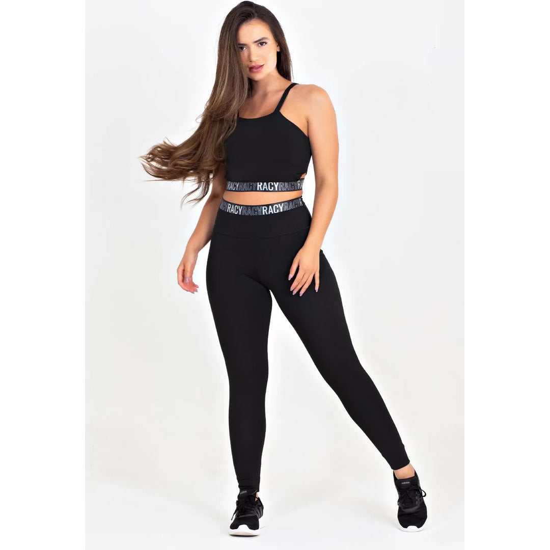 Conjunto Calça Legging + Top + Cropped de Telinha Preto com Elásticos Fitness | REF: CCA9