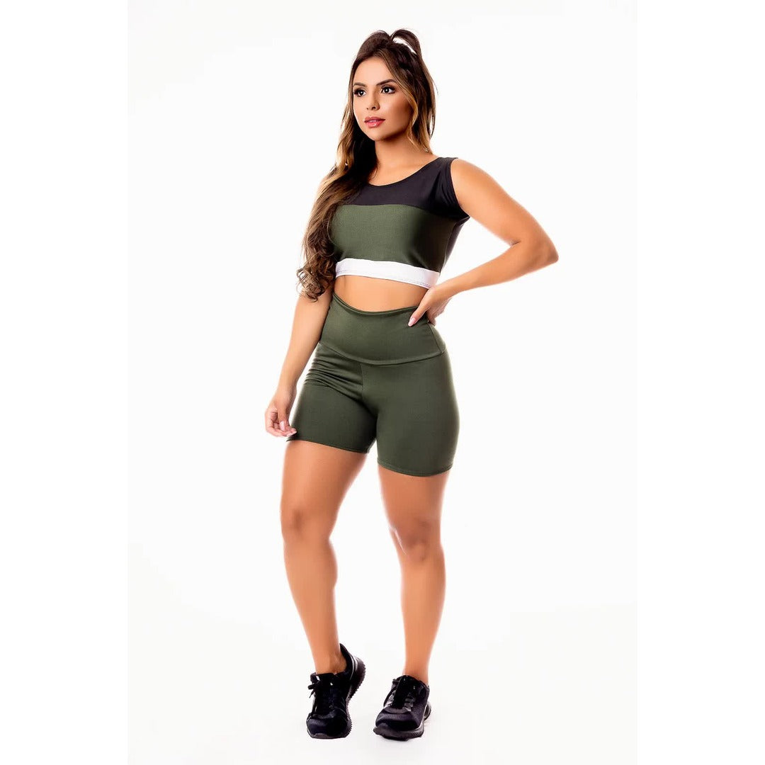 Conjunto Short Verde Militar Cintura Alta e Cropped Regata com Detalhes Pretoe Branco | REF: CSV13