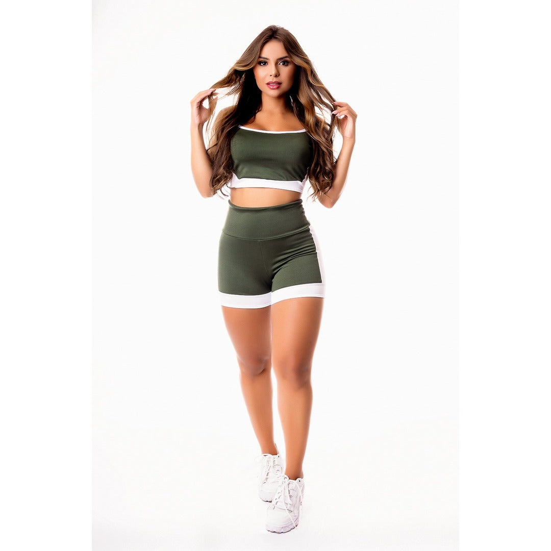 Conjunto Short Verde Militar com Branco Cintura Alta e Cropped Alcinha Academia | REF: CSV16