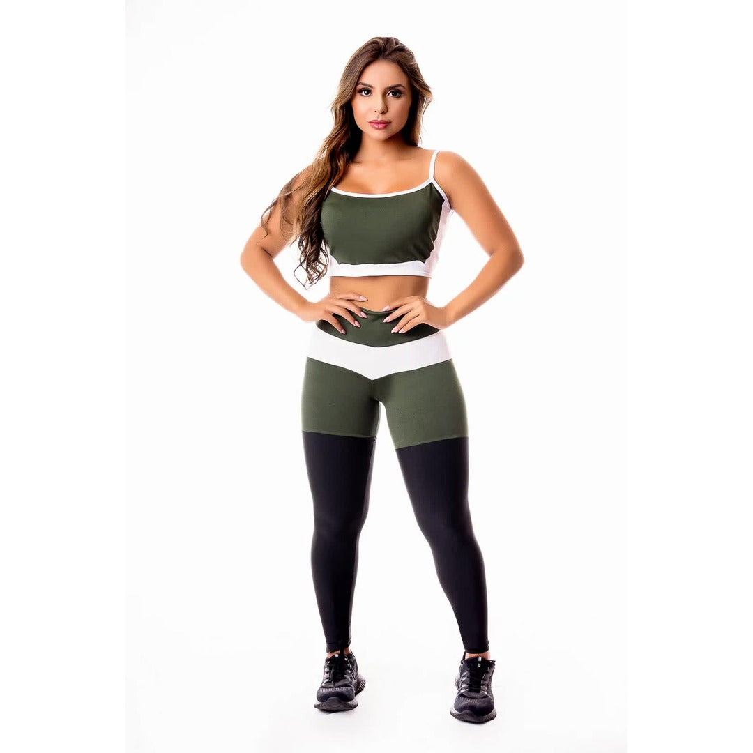 Conjunto Calça Legging Levanta Bumbum Preta com Verde Militar e Branco Cintura Alta e Cropped Alcinha | REF: CSV17