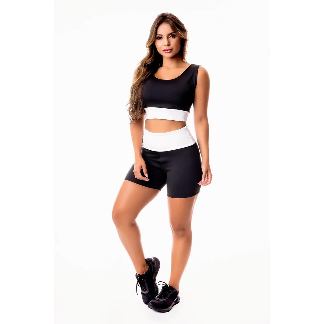 Conjunto Short Preto com Branco Cintura Alta e Cropped Regata | REF: CSV18