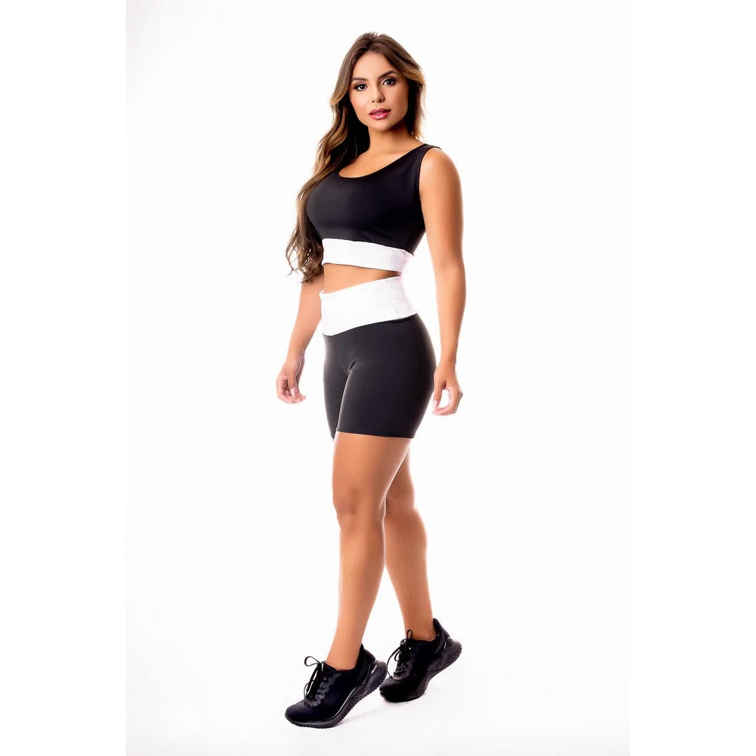 Conjunto Short Preto com Branco Cintura Alta e Cropped Regata | REF: CSV18