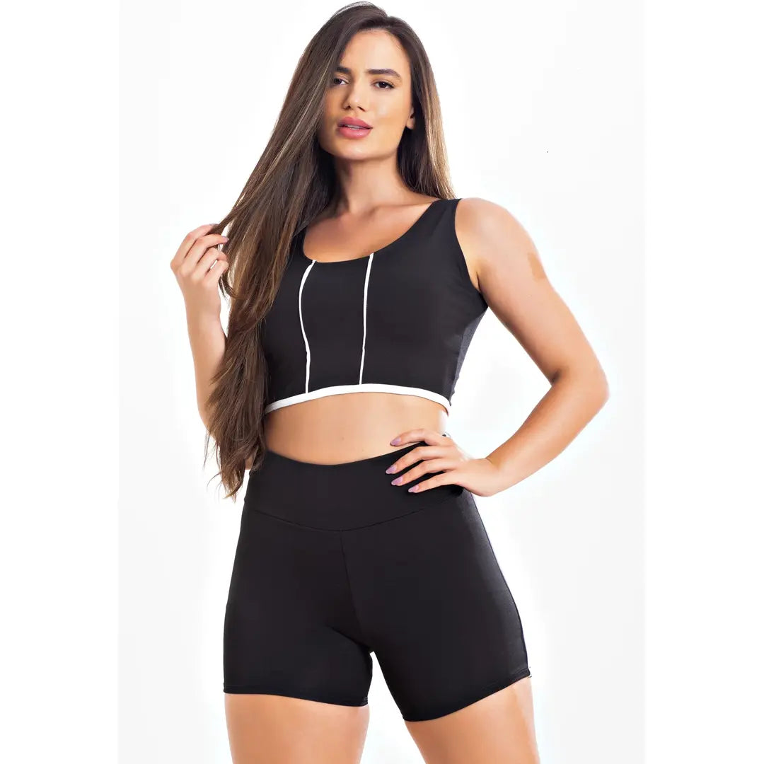 Conjunto Short Preto com Detalhe em Vivo Branco Cintura Alta e Cropped Regata | REF: CSV20