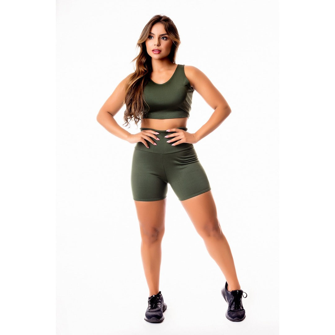 Conjunto Short Cintura Alta e Cropped Regata Verde Militar| REF: CSV22