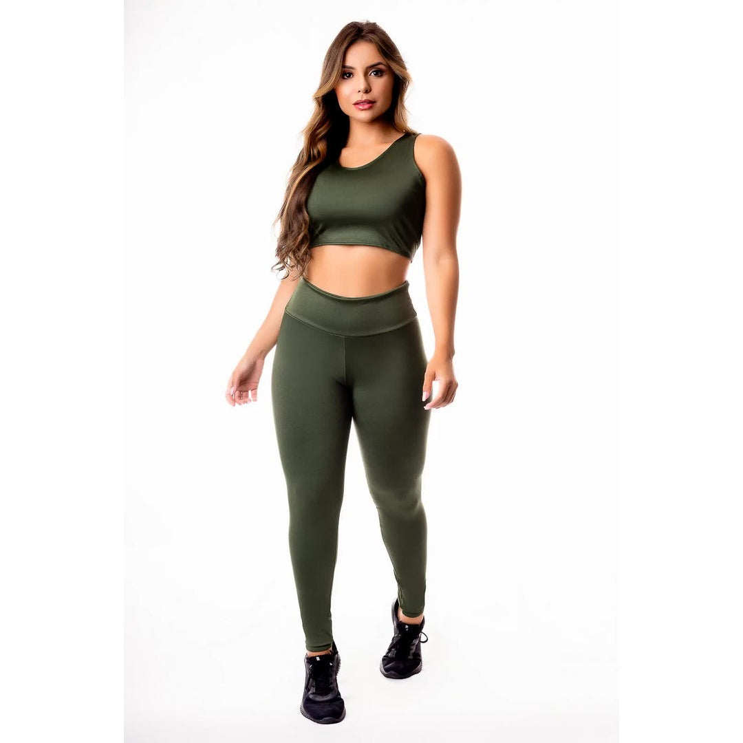 Conjunto Calça Legging Verde Militar Cintura Alta e Cropped Regata | REF: CSV23