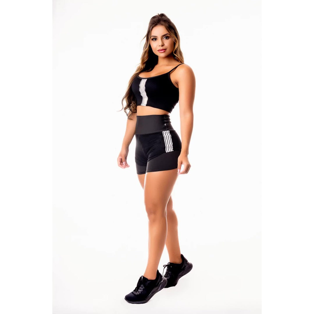 Conjunto Short Preto Cintura Alta e Cropped Alcinha com Detalhes em Tela Dry Fit | REF: CSV4