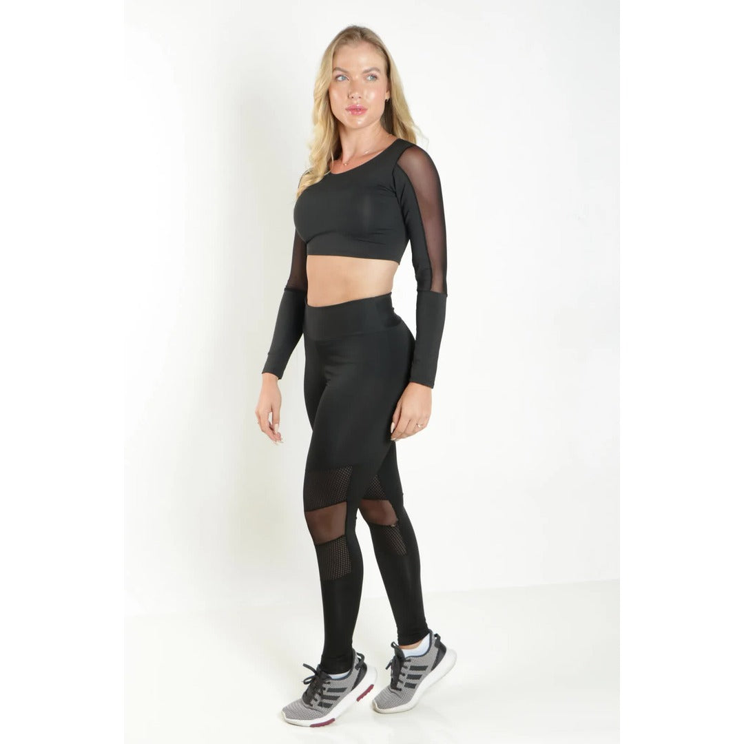 Conjunto Calça Legging com Tela e Tule + Cropped Manga Longa Preto | REF: FRD4