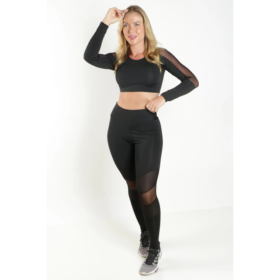 Conjunto Calça Legging com Tela e Tule + Cropped Manga Longa Preto | REF: FRD4