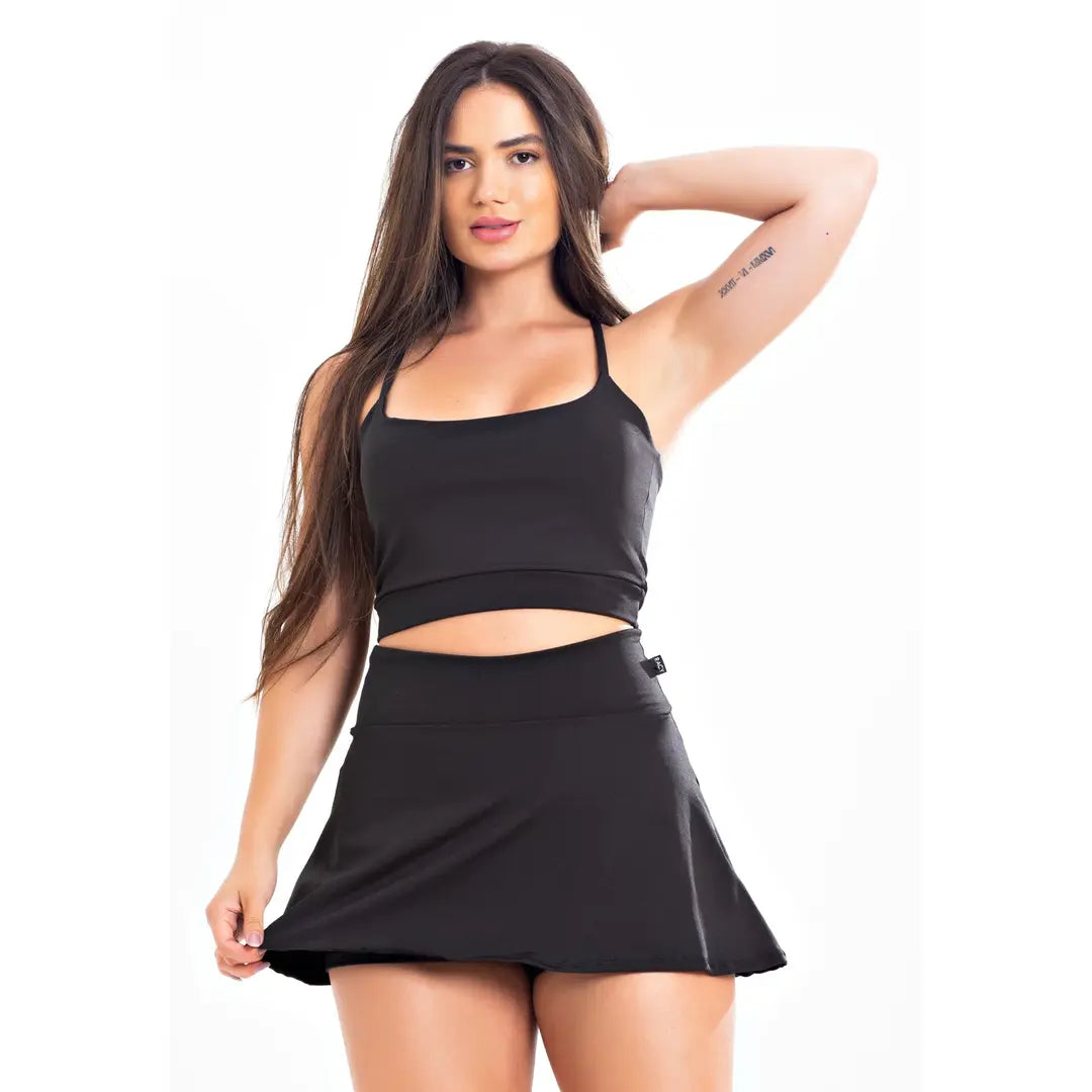 Conjunto Short Saia + Cropped Alcinha Preto Fitness | REF: FRD8