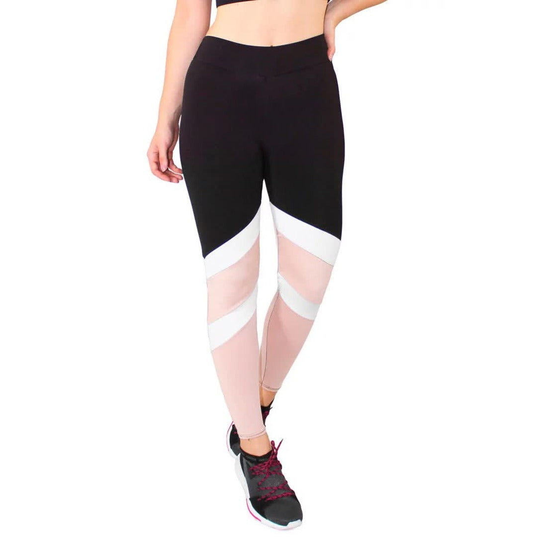 Calça Legging Branco e Chocolate Fitness Preto Com Faixas | REF: LC52