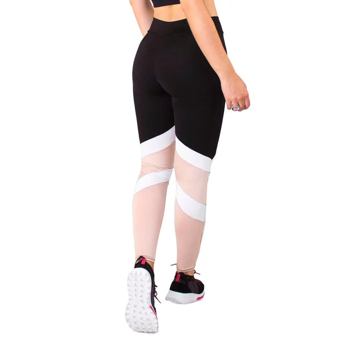 Calça Legging Branco e Chocolate Fitness Preto Com Faixas | REF: LC52