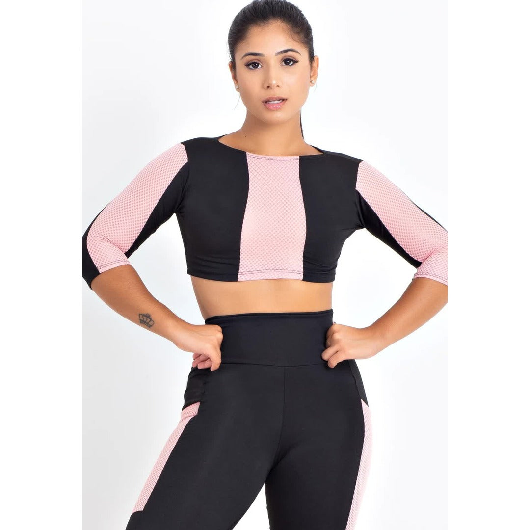 Cropped Fitness Preto com Rosê Feminino | REF: LX151