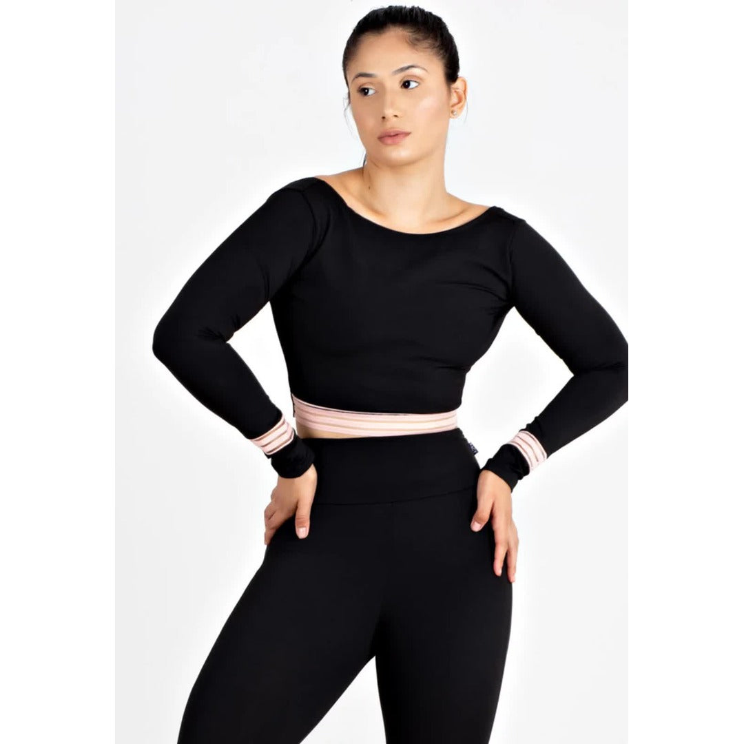 Cropped Fitness Preto com Rosê Costa Aberta | REF: LX153