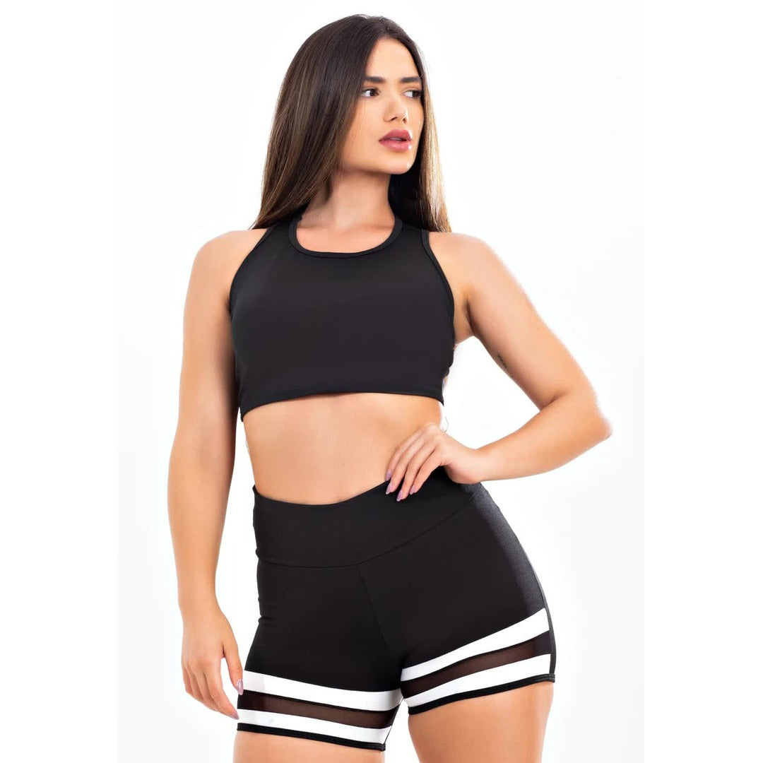 Conjunto Short e Cropped Preto com Branco e Tela | REF: LX197