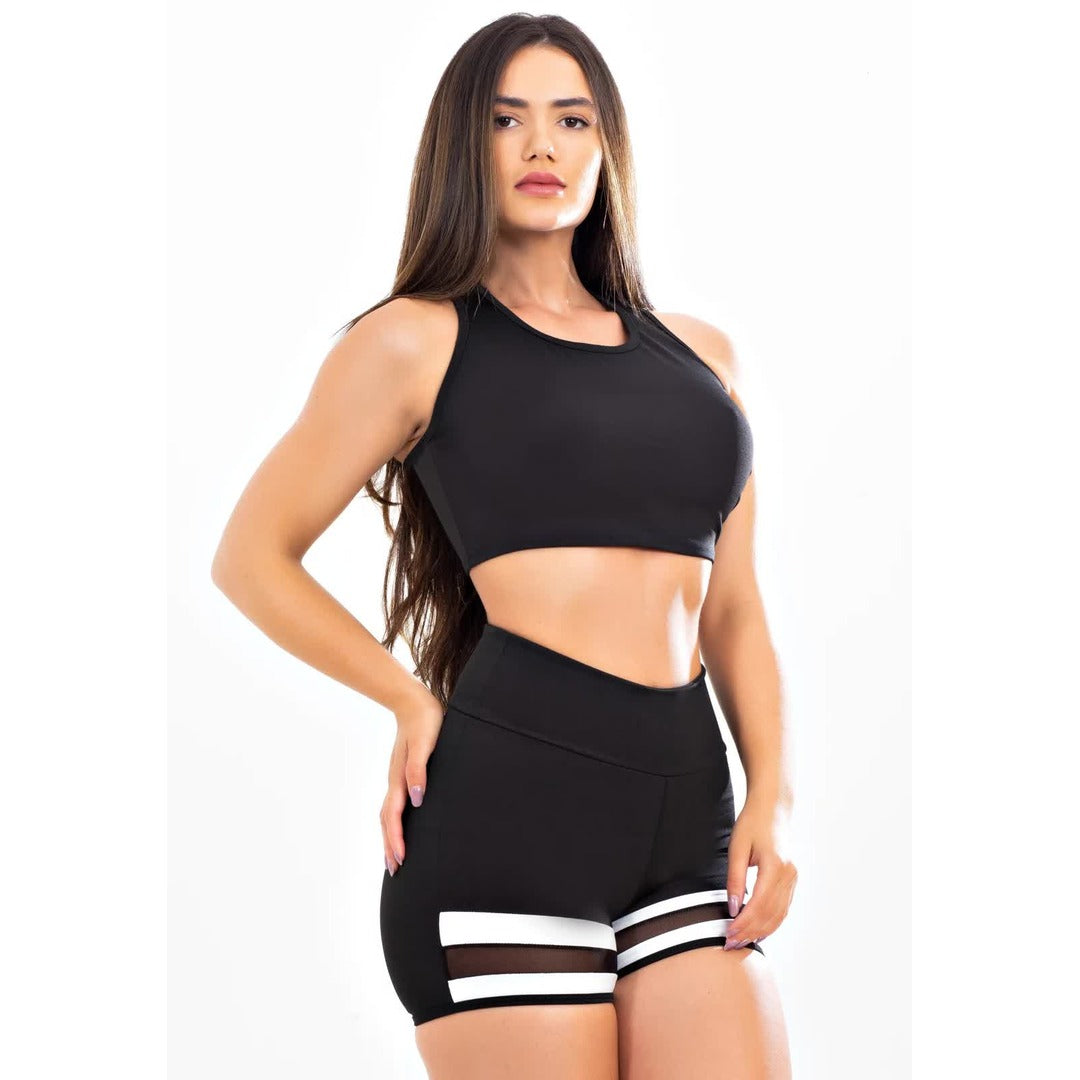 Conjunto Short e Cropped Preto com Branco e Tela | REF: LX197