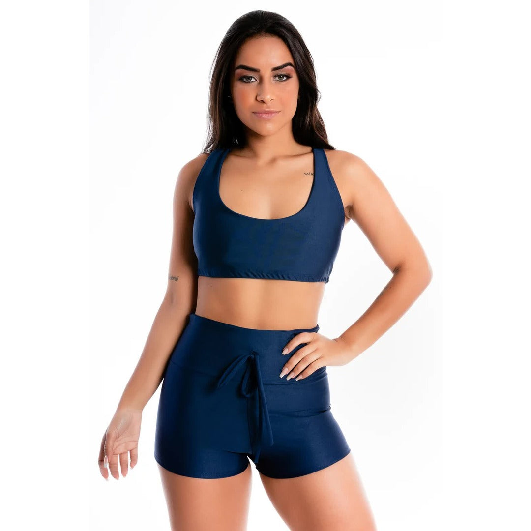 Conjunto Cropped Liso e Short Liso Azul Marinho | REF: LX224