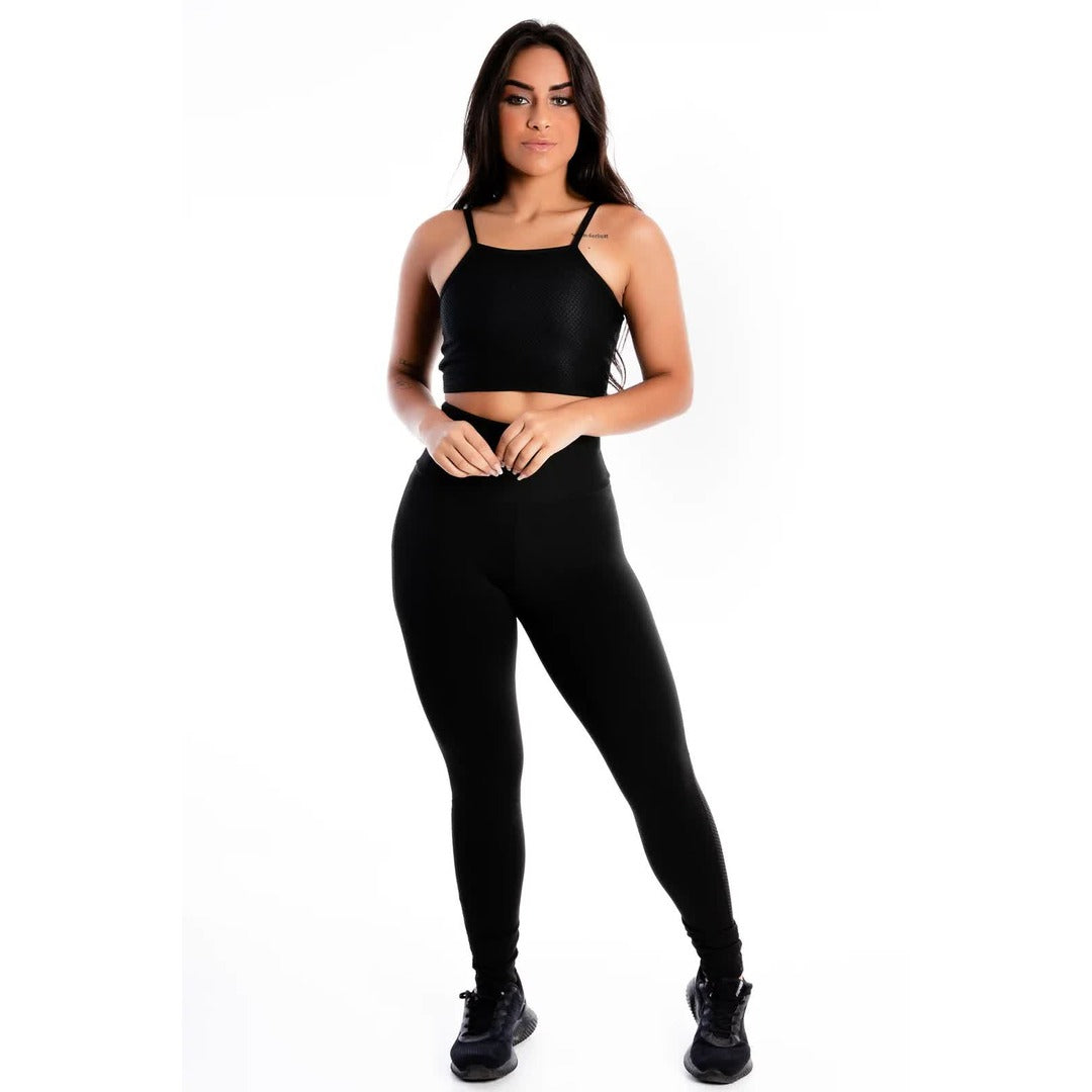 Conjunto Calça Legging e Cropped Detalhe Tela Preto | REF: LX279