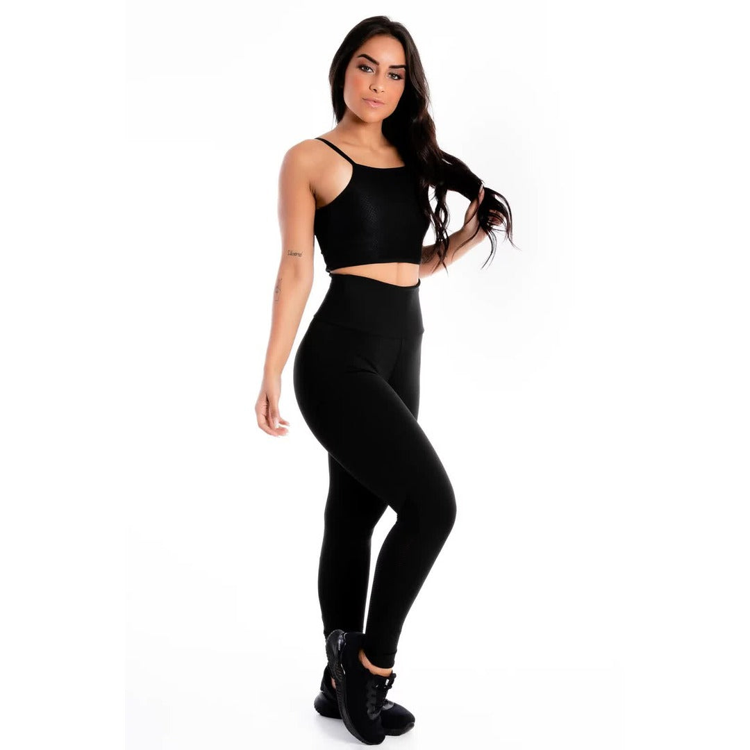 Conjunto Calça Legging e Cropped Detalhe Tela Preto | REF: LX279