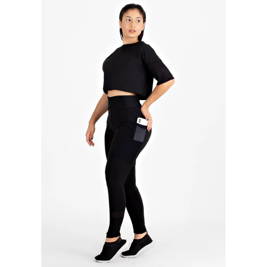 Conjunto Calça Legging com Bolso e Cropped Preto Tela | REF: LX81