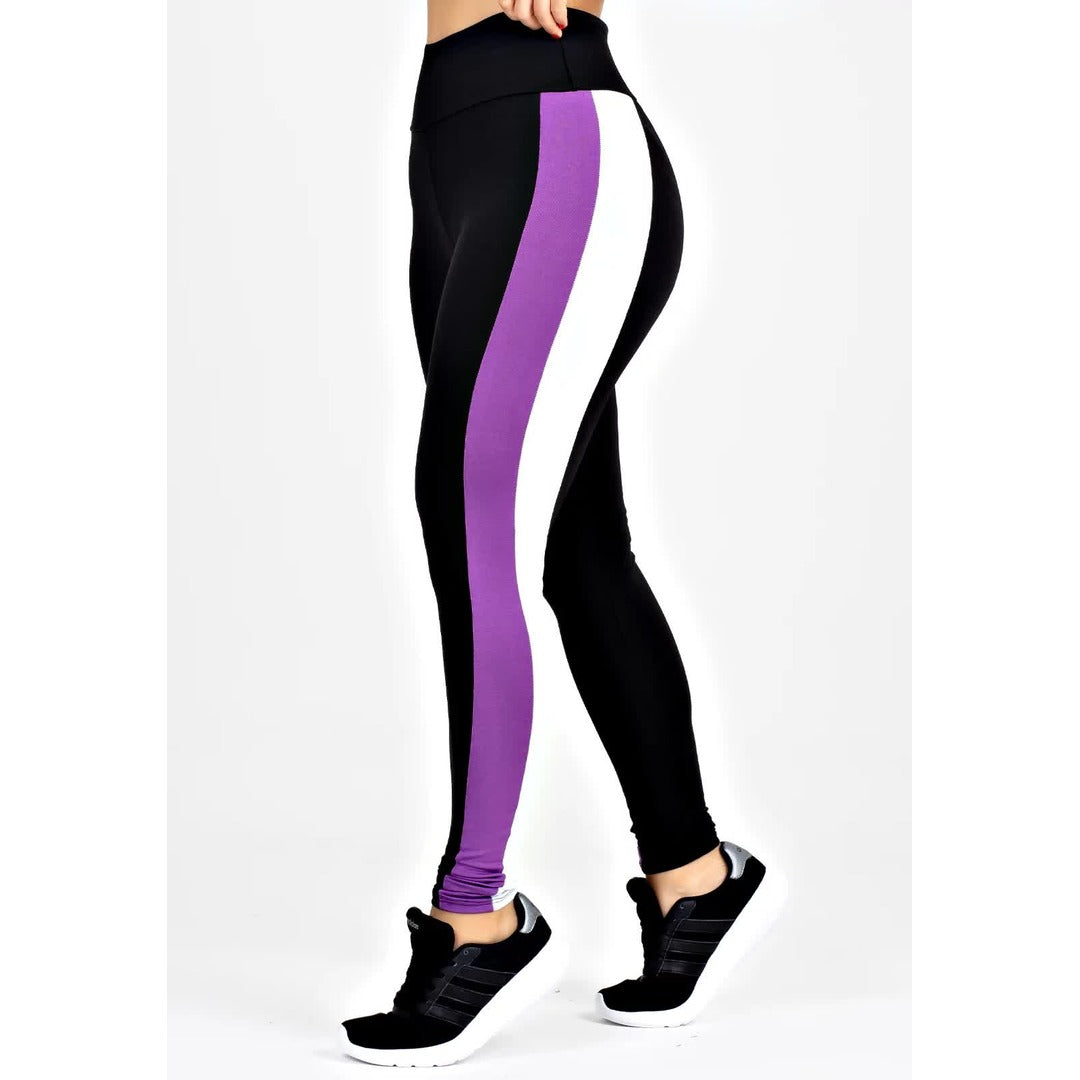 Calça Listra Lateral Branco e Roxo Legging Metamorfose | REF: MTF5