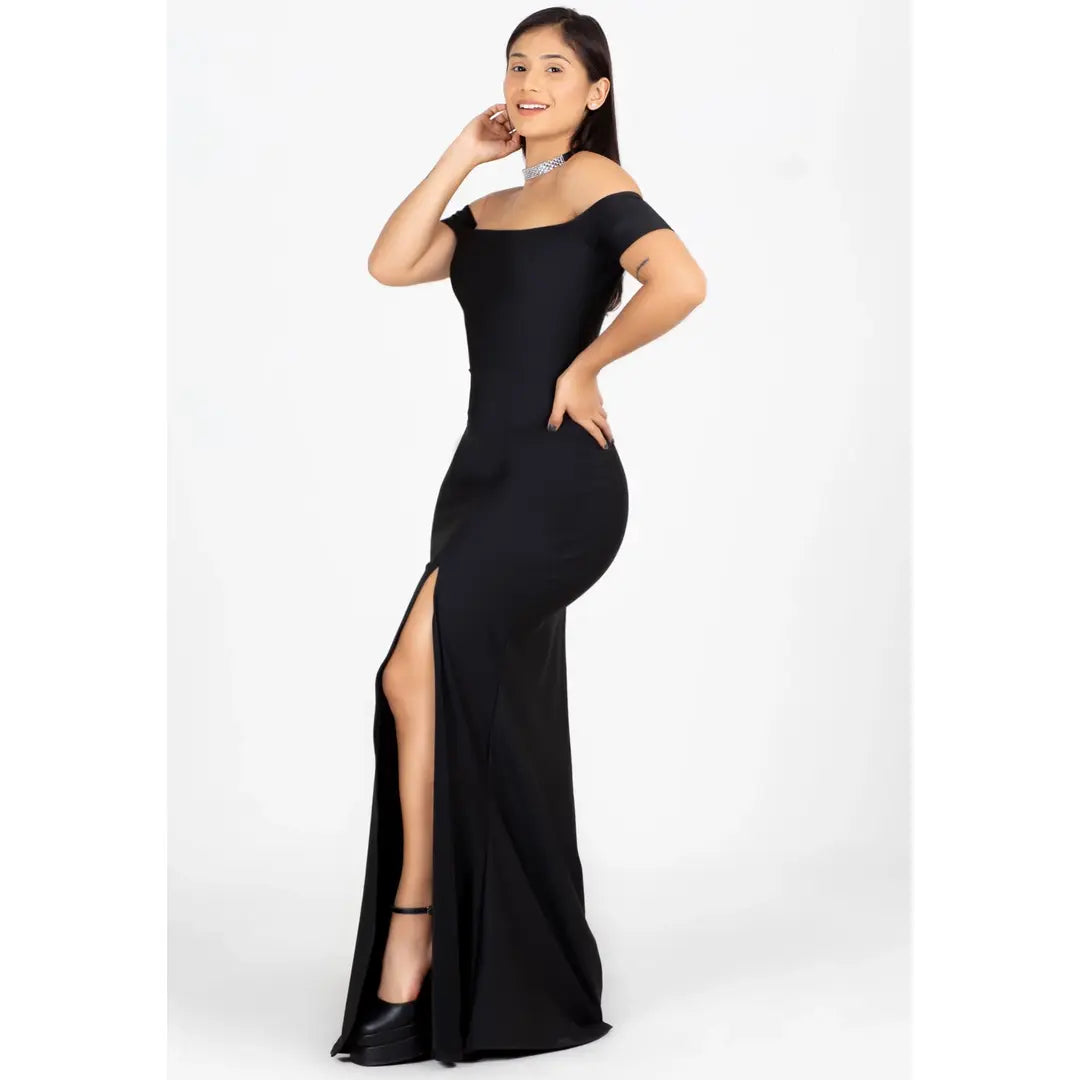 Vestido Longo Tubinho Ombro a Ombro com Fenda Preto | NR12