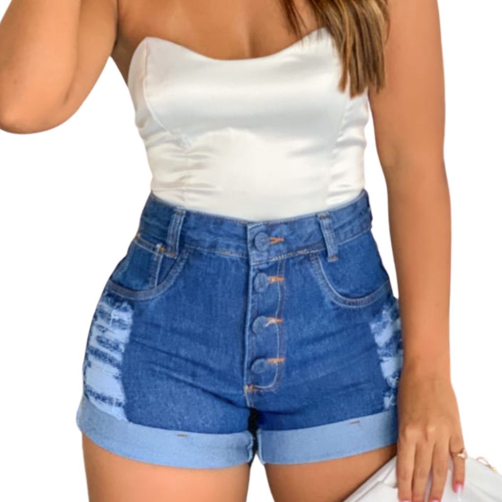 Short Feminino Jeans Cintura Alta Destroyed Curto