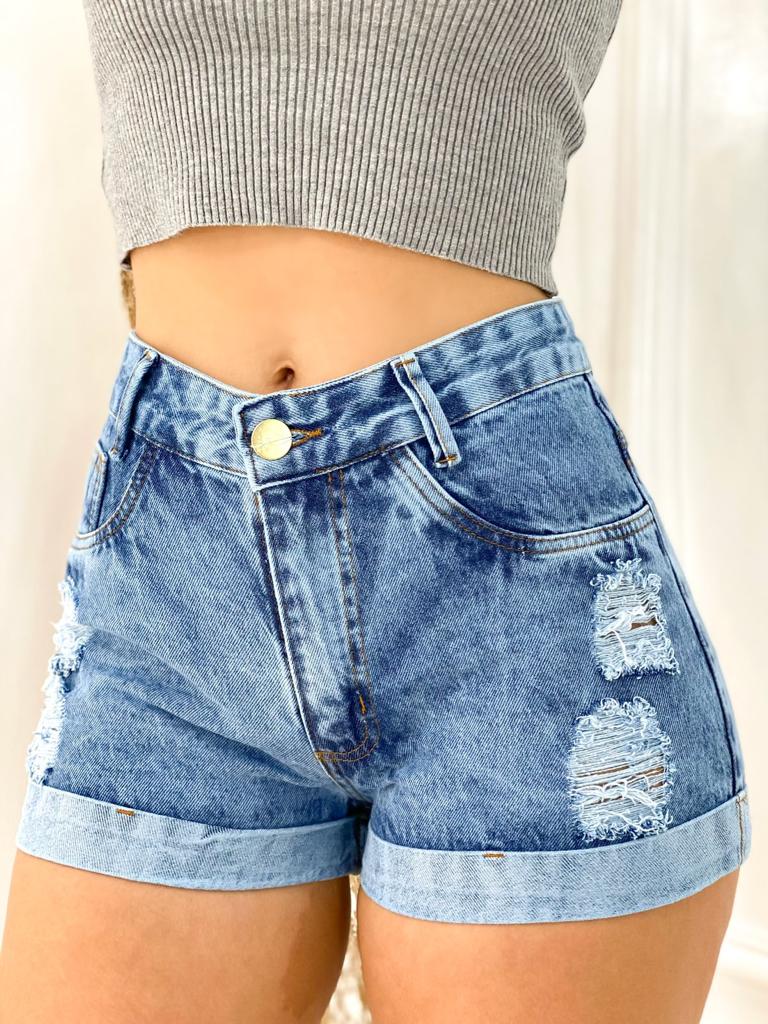 Short Jeans Feminino Cintura Alto Destroyed Barra Dobrada