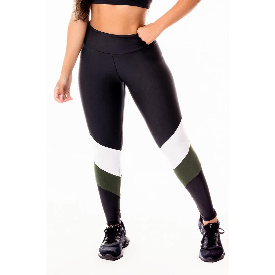 Calça Legging Cintura Alta Preta com Verde Militar e Branco | REF: SV10