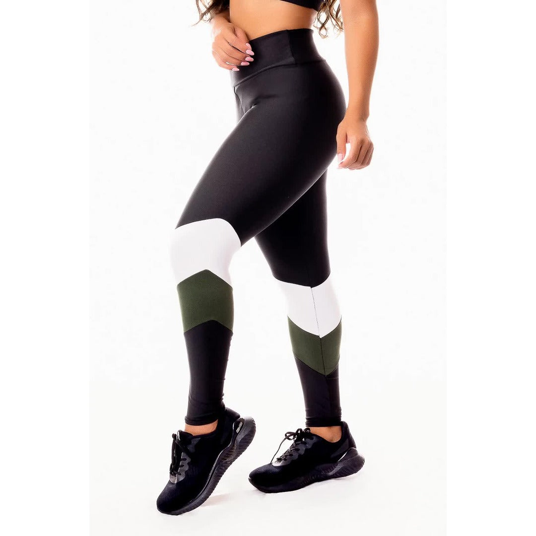 Calça Legging Cintura Alta Preta com Verde Militar e Branco | REF: SV10