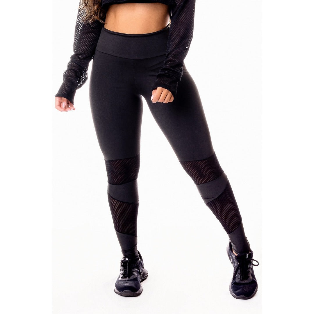 Calça Legging Cintura Alta Preta com Detalhe em Tela Dry Fit | REF: SV22