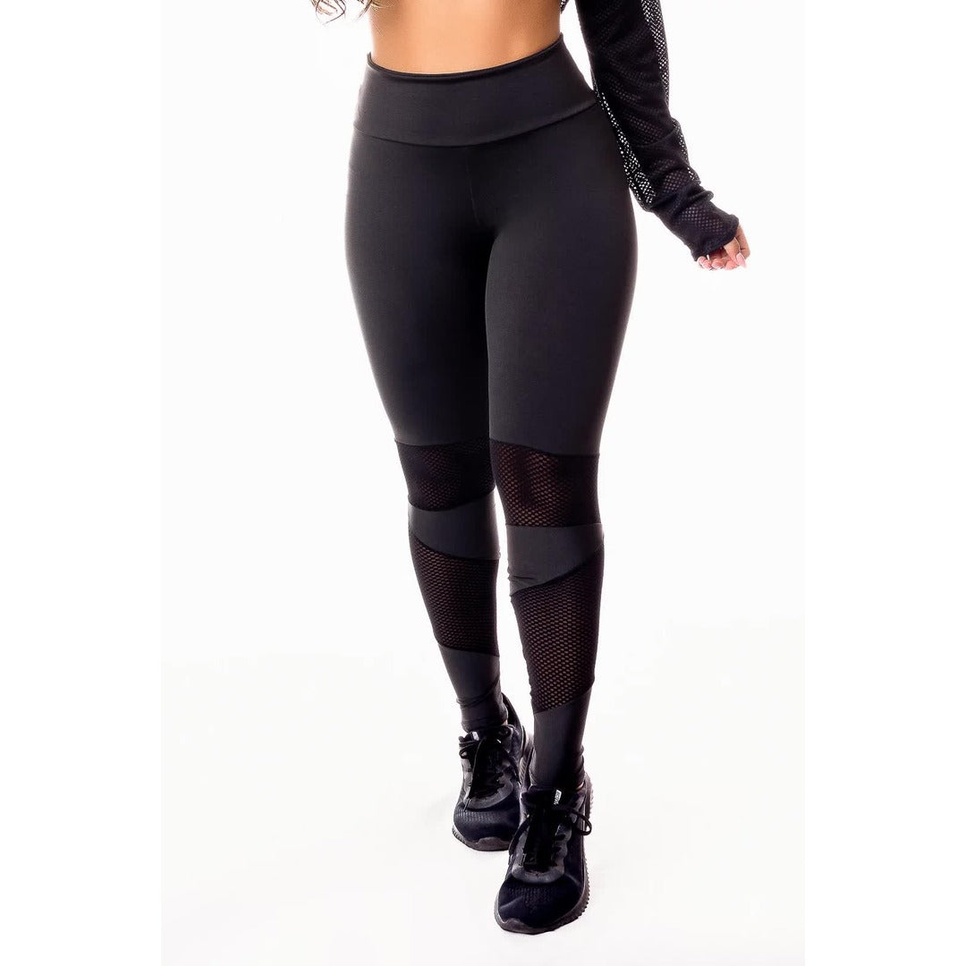 Calça Legging Cintura Alta Preta com Detalhe em Tela Dry Fit | REF: SV22