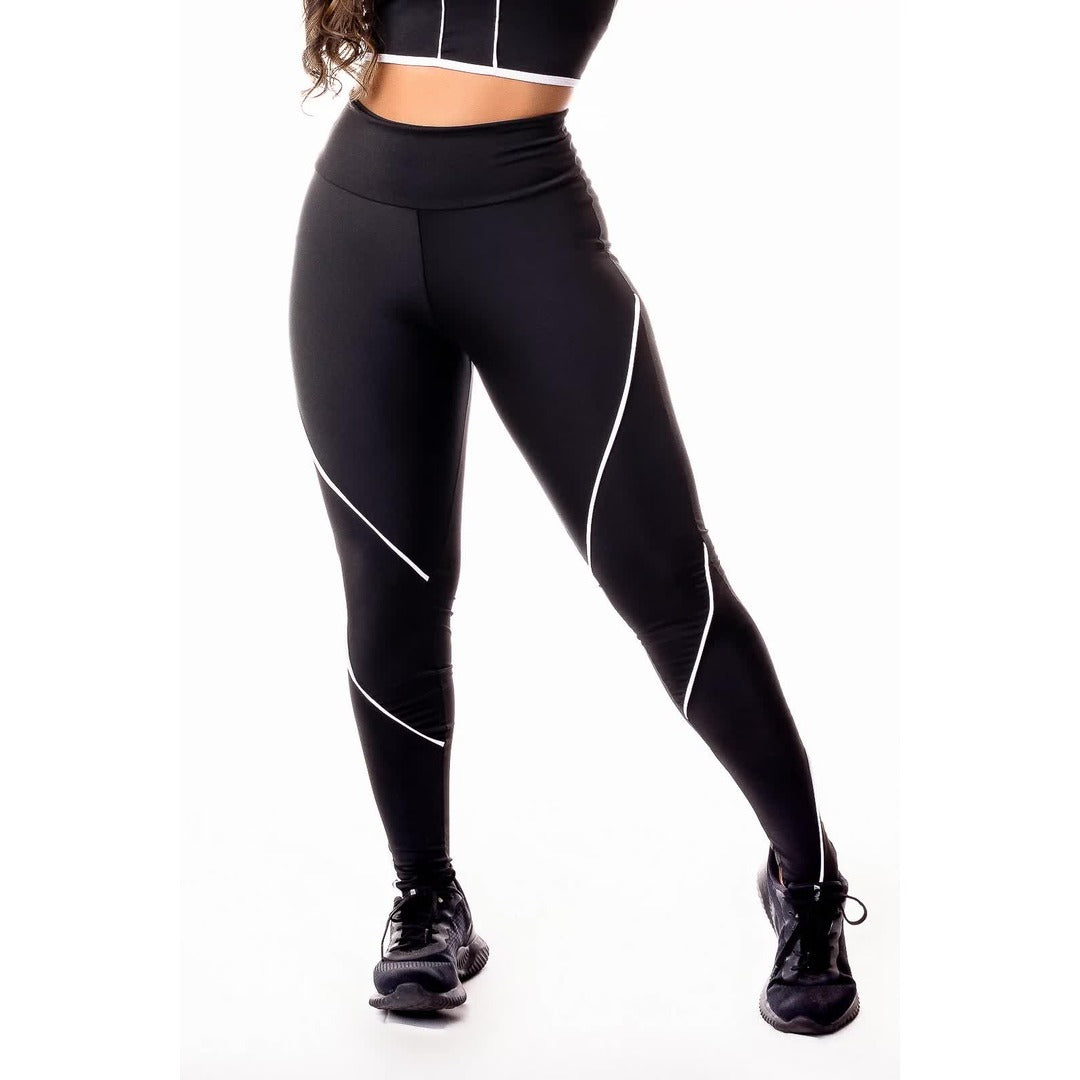 Calça Legging Cintura Alta Preta com Detalhe Lateral em Vivo Branco | REF: SV36