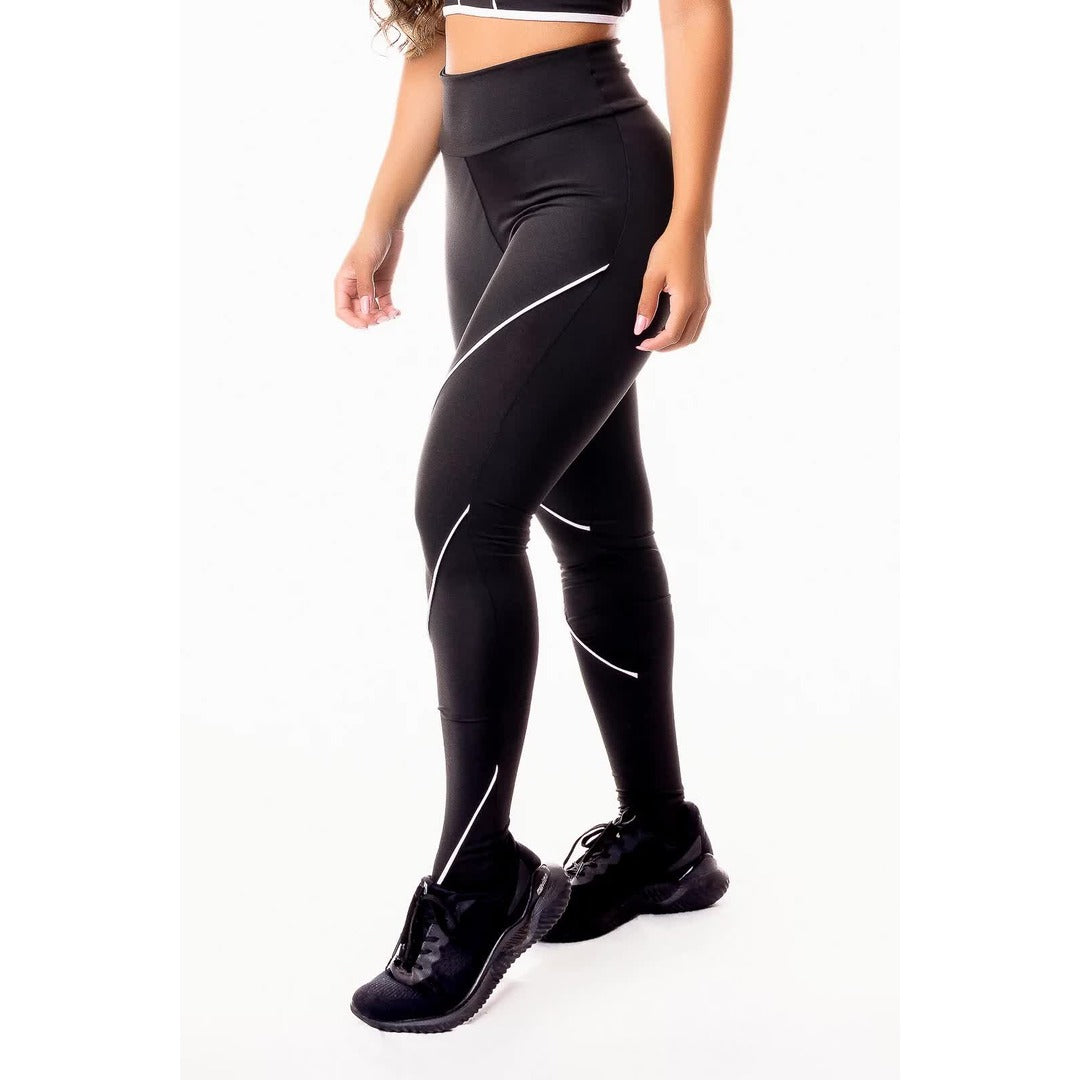 Calça Legging Cintura Alta Preta com Detalhe Lateral em Vivo Branco | REF: SV36