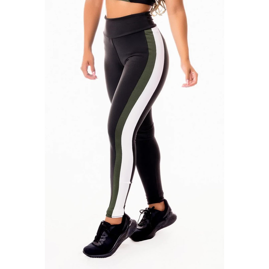 Calça Legging Cintura Alta Preta com Verde Militar e Vivo Branco | REF: SV48