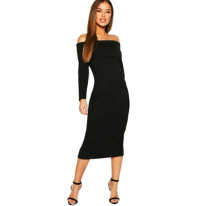 Vestido Canelado Ombro a Ombro e Manga Longa Midi | REF: NCR0004